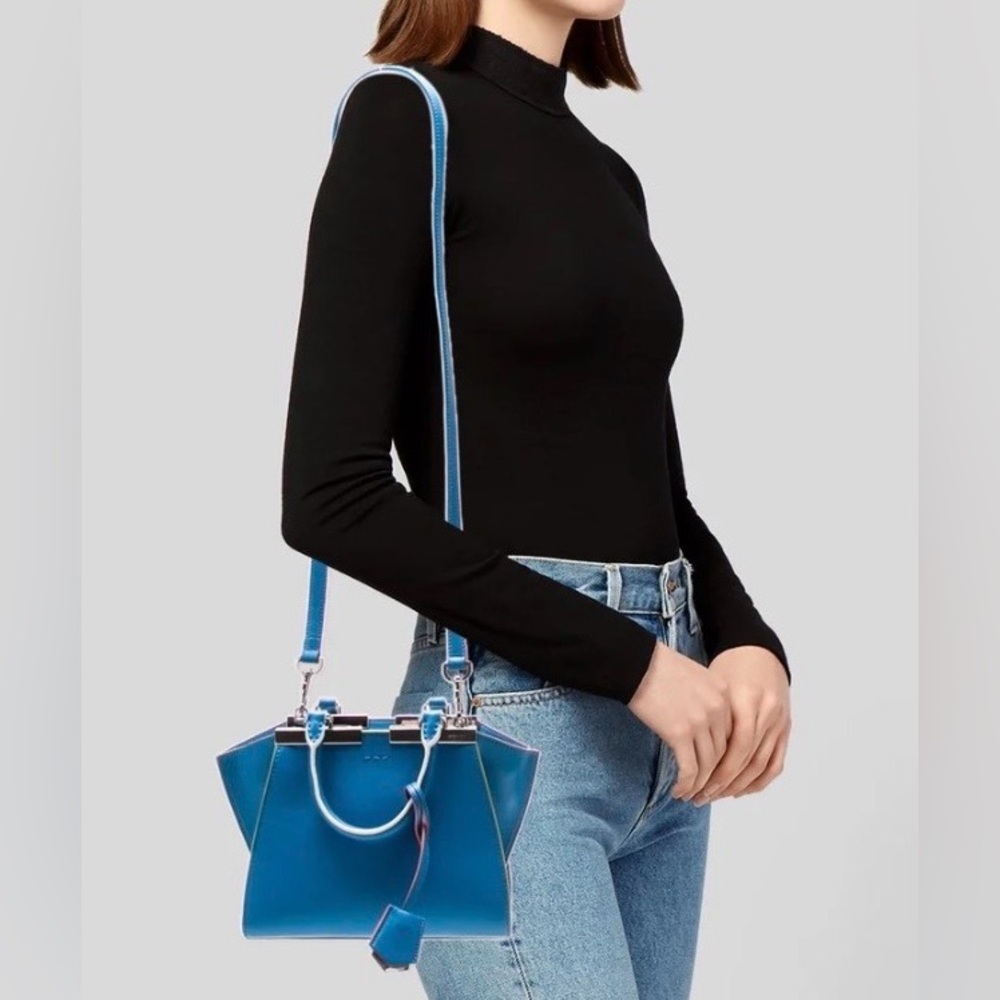 Fendi 3Jours Mini Blue Leather Top Handle Bag W Silver Accent & Crossbody Strap - Picture 2 of 16